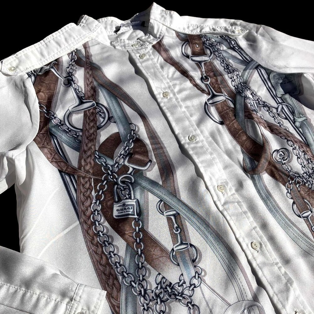 GUCCI Women's 2011 Resort White Silk Equestrian Print Shirt Button-Up Size 38 M